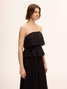 Chiquease Ensemble de 2 pièces femme élégant et décontracté : top court avec ourlet resserré, broderie ajourée, couleur unie + jupe trapèze - Noir - Voir 7