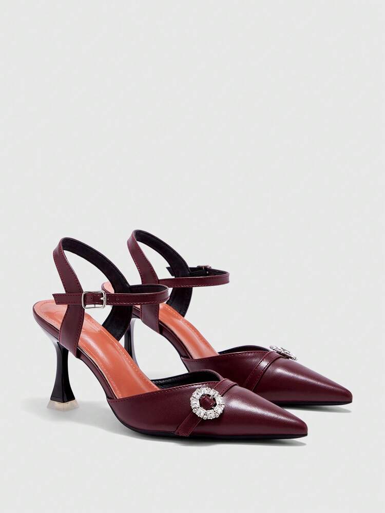 CUCCOO CURVES Plus Size Wide Width 9CM High Heel Pointed Toe Sandals, Elegant Sexy Burgundy Strap Rhinestone Buckle, Daily Work And Holiday Summer Shoes