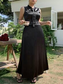 Dazy Plus Set de 2 piezas Falda sin mangas con cordones de unicolor, elegante para oficina y uso diario, primavera/verano, negro