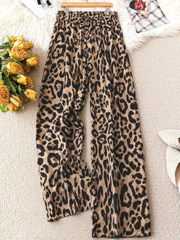 DreamSkyne Court Retro  Plus Size Women Cheetah Print Woven Casual Wide Leg Pants, Autumn/Winter