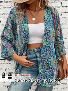 SHEIN CURVE+ Plus Size Women Casual Loose Floral Print Kimono Shirt Boho Vacation - Multicolor - View 8