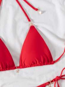 Swim Mod 2pcs Swimwear Set:Sexy Solid Color Halter Starfish Decor Bottom And Side Tie Bottom, For Summer Vacation - Red - View 4