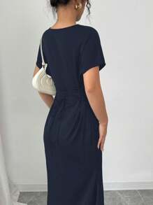 Rafferiza Solid Color Elegant Romantic Plunging Neck Backless Tie Waist Fishtail Dress For Women, Early Spring - Navy Blue - View 2
