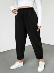 SHEIN Essnce Plus Size Women's Summer Cone Pants, Casual Pants, Cropped Pants, Black Pants, Comfortable Pants,Summer Outfits For Women Flowy Pants Baggy - Black - View 5