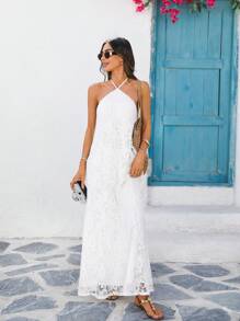 Vivid Eden 度假海滩白色蕾丝连衣裙，带挂脖领，适合春夏季 - 白色 - 查看 3