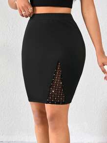 SHEIN Lady Women's Fashionable Commuter Rhinestone Mesh Patchwork Fitted Skirt - Black - View 7