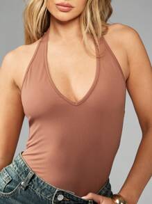 MISSGUIDED Body sin mangas de cuello halter con atadura en la espalda, ajustado, básico para capas, esencial casual de uso diario, escote pronunciado, ajuste ceñido, cierre a presión, para primavera y verano