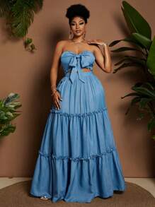Maweii Conjunto de 2 piezas talla grande: Top bandeau y falda de unicolor