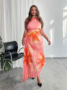 Firerie 优雅渐变色花卉印花不对称褶皱腰镂空无袖中长连衣裙，适合派对和度假，春夏季 - 橘色 - 查看 9