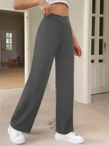 SHEIN PETITE CURVE 大码女式休闲纯色腰部交叉修身直筒裤 - 灰色 - 查看 4
