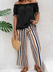 Plus Size Women Solid Color Off Shoulder Ruffle Short Sleeve Tassel Design Shirt And Striped Pants Casual 2 Pieces Set
