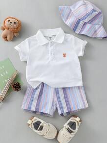 Set da 3 pezzi per bambino: polo a maniche corte con ricamo, pantaloncini a righe colorate e cappello da pescatore, adatto per uscite estive