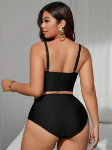 SHEIN Swim Curve 大码女式绿洲系列黑色 2 件细肩带镂空高腰泳装比基尼套装，夏季海滩度假 - 黑色 - 查看 2