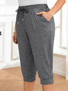 EMERY ROSE 大码女式黑灰色两件装休闲七分裤，运动裤，简约时尚，适合日常穿着，夏季女装