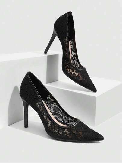 CUCCOO SZL Women's Fashion Black Lace Material Sexy Pointed Toe Stiletto High Heel Pumps, Suitable For Commuting, Dating, Party, Holiday, Wedding And Other Occasions