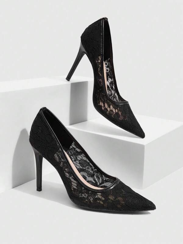 CUCCOO SZL Damen Mode Schwarze Spitze Material Sexy Spitzschuh Stilettoabsatz High Heel Pumps, geeignet für Pendeln, Dates, Partys, Urlaub, Hochzeit und andere Anlässe