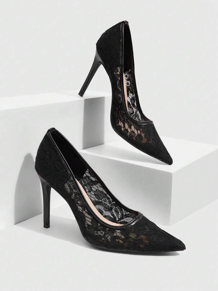 CUCCOO SZL Women's Fashion Black Lace Material Sexy Pointed Toe Stiletto High Heel Pumps, Suitable For Commuting, Dating, Party, Holiday, Wedding And Other Occasions For Christmas Spring Shoes