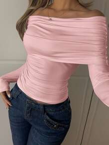 SHEIN EZwear 女款莲藕粉色针织露肩长袖休闲T恤 - 藕粉色 - 查看 6