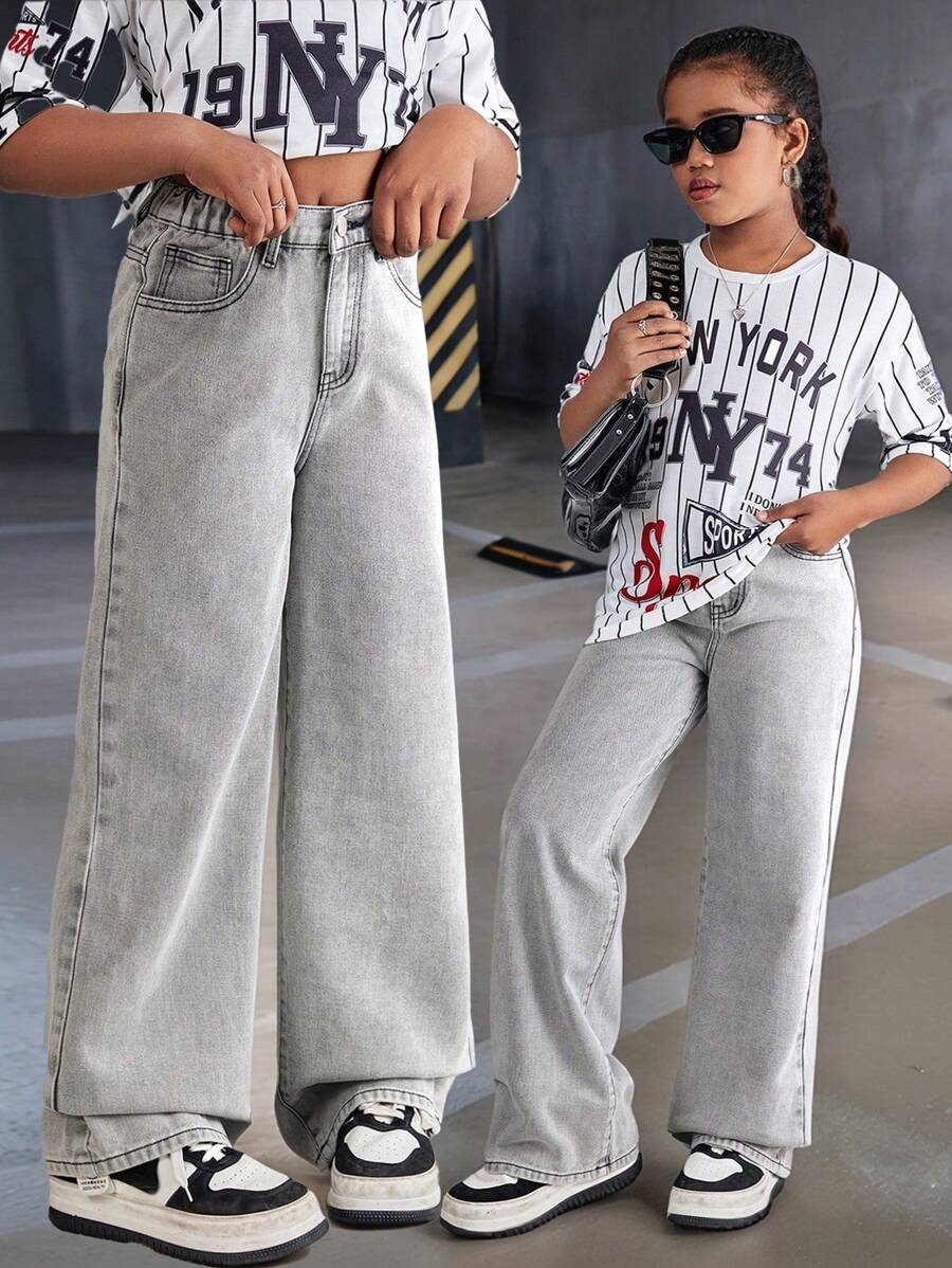 Girls' New Grey Denim Loose Non-Elastic Comfortable Straight Wide-Leg Trousers - Grey - View 1
