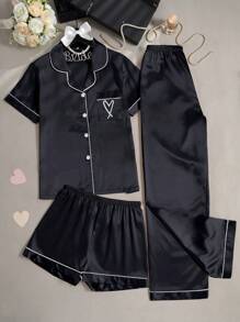 LuxeNights 心形刺绣仿丝短袖上衣、短裤和长裤 3 件套睡衣套装 - 黑色 - 查看 7