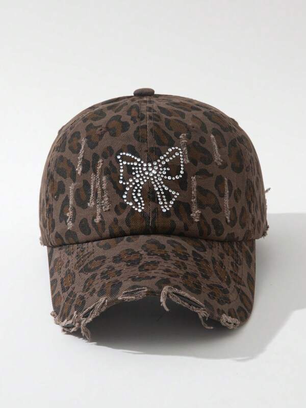 ROMWE Grunge Punk 1pc Women's Rhinestoned Bowknot Leopard Print Baseball Cap