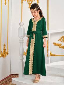 Tween Girl Middle Eastern Gold Thread Woven V-Neck 3/4 Sleeve Long Robe With Belt & Long Dress - Dark Green - View 5