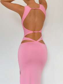 Roylia Backless Fitted Ruched Long Sexy Dress - Pink - View 3