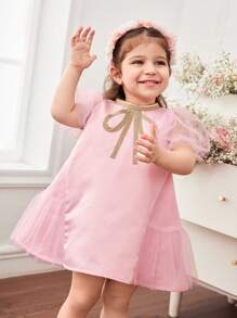 Baby Girls Elegant & Cute Pink Satin Summer Short Sleeve Dress - Pink - View 3