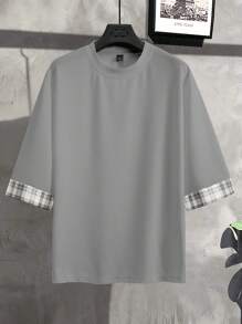 Claim Dot Loose Fit Men's Plaid Cuff Round Neck Casual T-Shirt Men Tops Oversized, For Fall - Grey - View 4