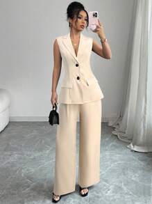Elenzga 女士优雅通勤套装：常规肩部收腰拼色蝴蝶结拼接仿口袋镂空后背阔腿裤，无袖夹克 - 杏色 - 查看 7