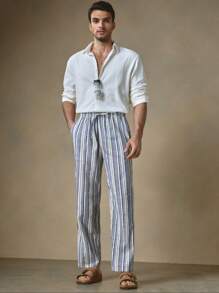 Manfinity VCAY Men's Striped Woven Straight Long Mid-Waist Casual Pants, Suitable For Daily Wear