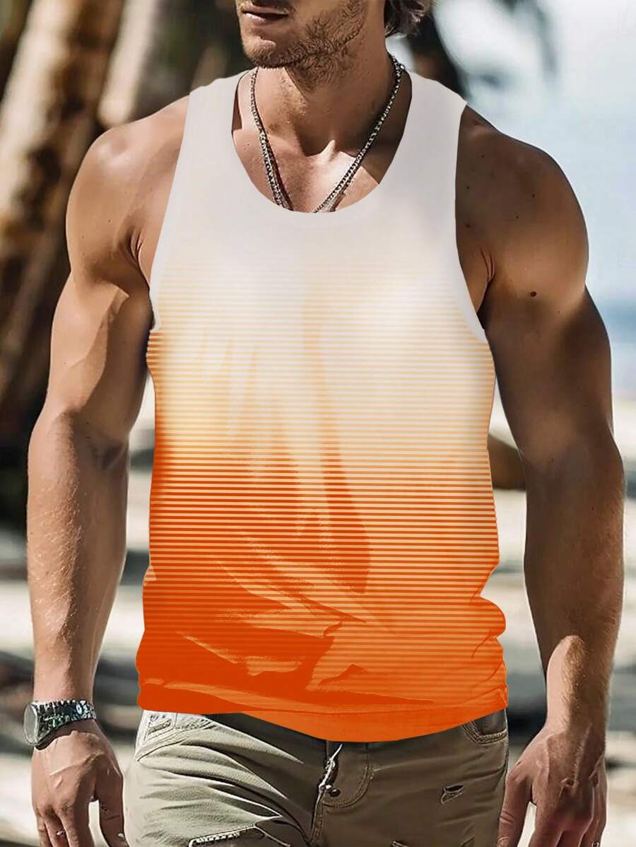 Manfinity RSRT Men's Striped Round Neck Casual Loose Versatile Tank Top Beach Tops For Men, Sleeveless Men Sun, Men Beach Tank Top, Orange Top Men - Multicolor - View 1
