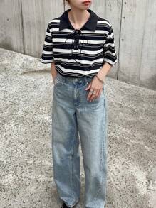 FRIFUL Camiseta holgada de mujer con cuello polo a rayas, manga corta y bloques de color