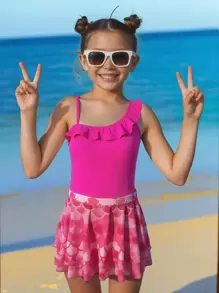 1pc Girls' Solid Ruffle Trim One-Piece Swimsuit With Mermaid Scale Print Skirt, Sibling Outfits Matching Sets (Sold Separately) - Multicolor - View 1