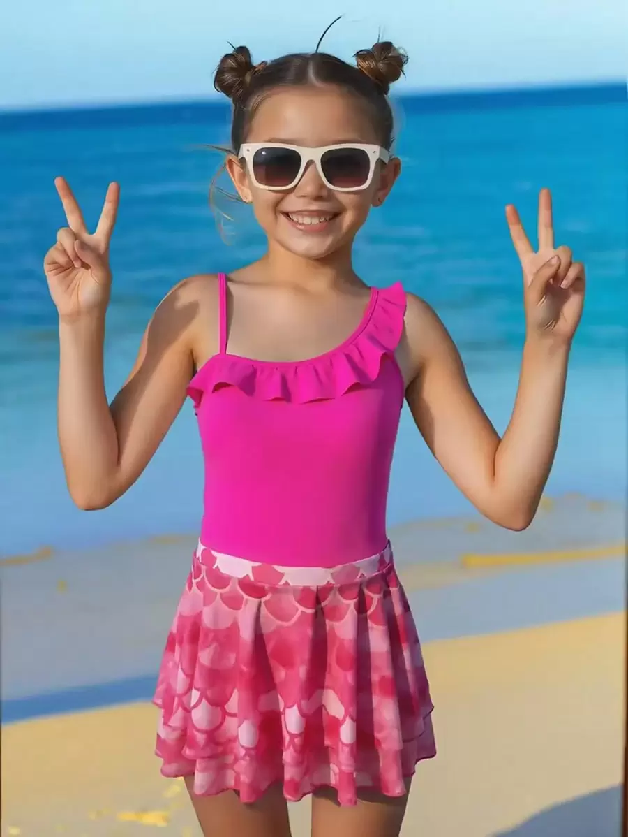 1pc Girls' Solid Ruffle Trim One-Piece Swimsuit With Mermaid Scale Print Skirt, Sibling Outfits Matching Sets (Sold Separately) - Multicolor - View 1