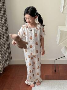 SHEIN Dozemod Young Girl Young Girl Cute Bear Pattern Ruffle Collar Button Up Short Sleeve Pajama Set, 2pcs - Brown - View 5