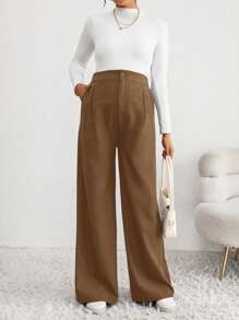 SHEIN Maternity Casual Brown Woven Fabric Long Pants With Zipper Detail And High Stretch For Comfortable Everyday Wear - Brown - View 5