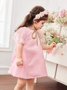 Baby Girls Elegant & Cute Pink Satin Summer Short Sleeve Dress - Pink - View 4