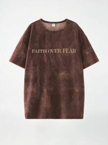 SHEIN 青少年男孩休闲字母图案圆领短袖T恤，适合夏季 - 咖啡棕 - 查看 2