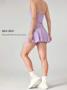GLOWMODE FeatherFit™-Air Sweat-Wicking Quick-Dry Light Lace Mid-Rise Waist Mini Skirt With Built-In Shorts Side Pockets Non-Slip Grips Yoga Pilates - Mauve Purple - View 4