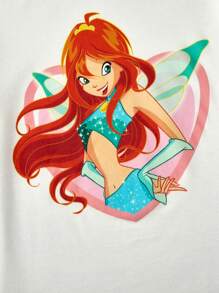 The Winx X SHEIN T-shirt blanc décontracté à manches courtes avec imprimé portrait de jeune fille adolescente