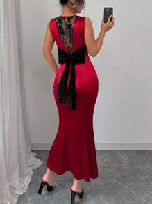 Elenzga Sleeveless Round Neck Lace Hollow Back Bow Mermaid Hem Stretch Satin Fitted Elegant Sexy Dress