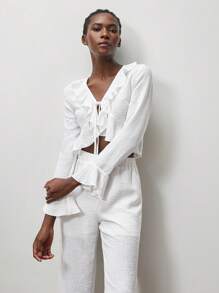 Lumivelle Women's Ruffle Trim Bell Sleeve Casual 2 Pieces Set - White - View 5