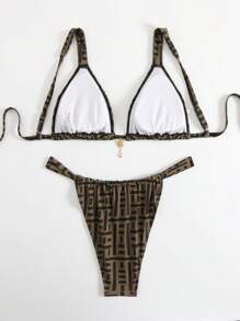 Swim Vcay Bộ bikini gợi cảm họa tiết kim loại in ngẫu nhiên cỡ lớn 2 chiếc/bộ dành cho nữ, kỳ nghỉ hè ở bãi biển - Nhiều màu - Xem 2