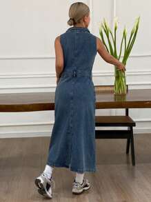 DAZY Đầm denim không tay dáng thường ngày cho nữ, đầm maxi mùa hè. - Màu xanh lam - Xem 6