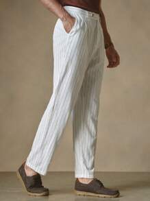 Manfinity VCAY Men's Woven Striped Long Mid-Rise Straight Leg Casual Trousers, Suitable For Daily Wear - Black and White - View 5