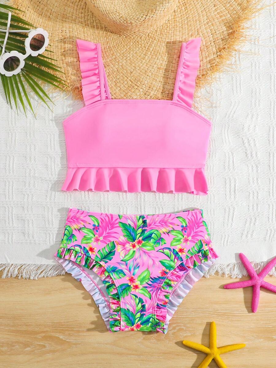 Conjunto de bikini para niña preadolescente con Top de tirantes con volantes y Bottom triangular estampada en unicolor para playa y resort - Rosa Pálido - Ver 1