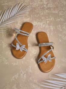 SHUZIA Giày sandal quai bướm đính đá lấp lánh màu sâm panh cho nữ - Đa năng, lấp lánh và thoải mái - Rượu sâm banh - Xem 5