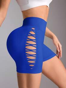 SHEIN Sports 简约纯色无缝运动短裤，夏季时尚 - 寶藍色 - 查看 6