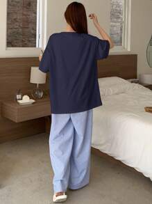 DAZY Bộ áo sơ mi in hình ngựa dễ thương & quần ngủ chấm bi nhiều màu, 2 món đồ mặc ở nhà thường ngày - Màu xanh hải quân - Xem 2